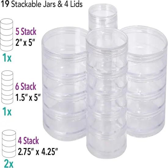 The Beadsmith &ndash; Stack Jar 4-Piece Assortment &ndash; 2 x 4 Stack, 1 x 5 Stack, 1 x 6 Stack, Pill containers, Empty Pot Jars, refillable Cosmetic containers, Small Plastic Organizers {4}