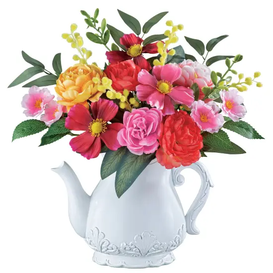 Collections Etc Colorful Artificial Floral Arrangement with Teapot Vase {2}