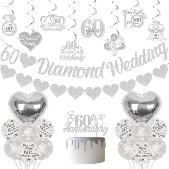 60th Diamond Wedding Anniversary Decorations, Glitter Banner, Cake Topper {1}