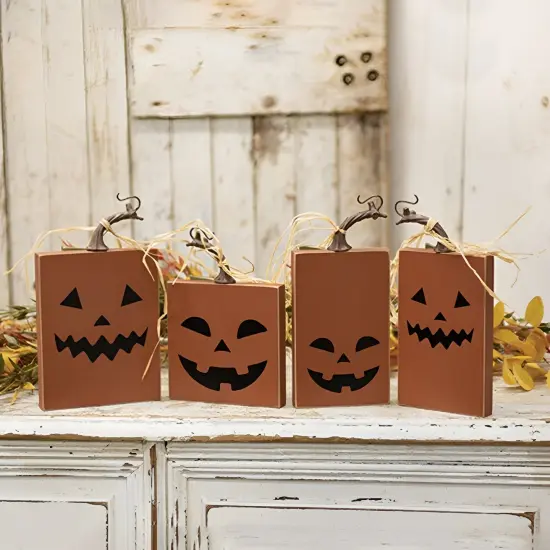 Reversible Fall Pumpkin Blocks &ndash; Set of 4 Wooden D&eacute;cor Pieces with 'FALL' Letters & Jack-o-Lantern Faces {2}