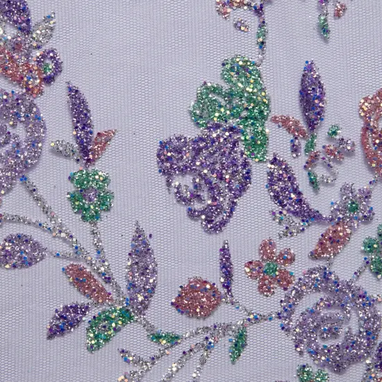 1 Yard Tulle Lace Fabric with Multicolor Glitter Floral Design, 58&Prime; Wide Purple {1}