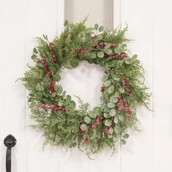 24" Snowy Eucalyptus and Cedar Wreath with Red Berries for Festive Winter Door or Wall Decor {2}
