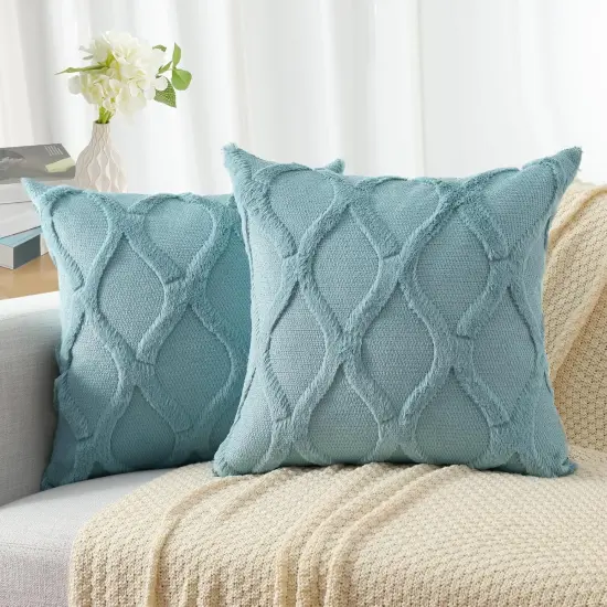Spring Throw Pillow Covers 18x18 Inch Set of 2, Soft Plush Faux Fur Wool Aqua Couch Pillow Covers, Decorative Pillow Cases for Bed Sofa Living Room Home Decor {2}