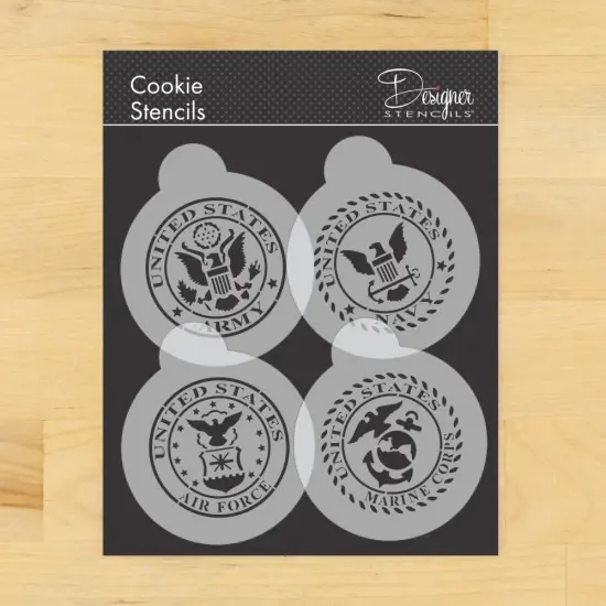 US Military Seals Cookie Stencil Set: Marines, Navy, Army, Air Force | C1009 by Designer Stencils | Stencils for Royal Icing, Airbrush, Dusting Powder | {1}