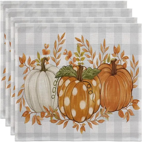 Set of 4 Pumpkin Grey and Blue Buffalo Plaid Placemats - 12 X 18 Inch {1}