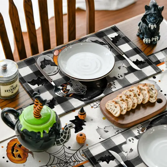 Set of 4 Buffalo Plaid Gnome Pumpkin Halloween Placemats - 12x18 Inch (Black/Beige) {3}
