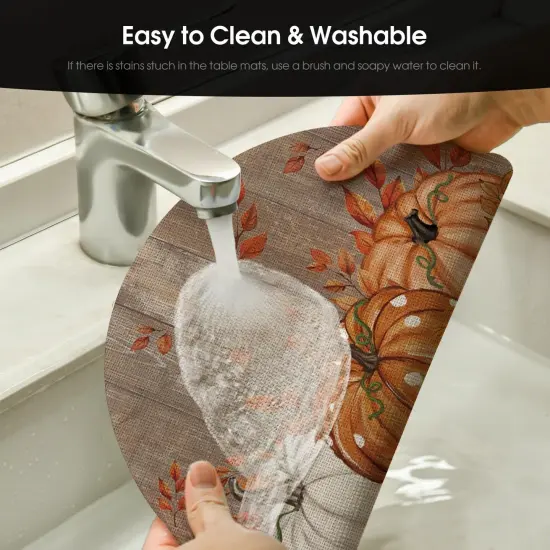 Set of 4 Maple Leaves with Pumpkins Round Fall Placemats - 14 Inch (Wood/Orange) {4}