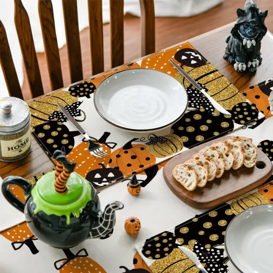 Set of 4 Jack-O-Lantern Halloween Placemats - 12x18 Inch (Orange/Black) {3}