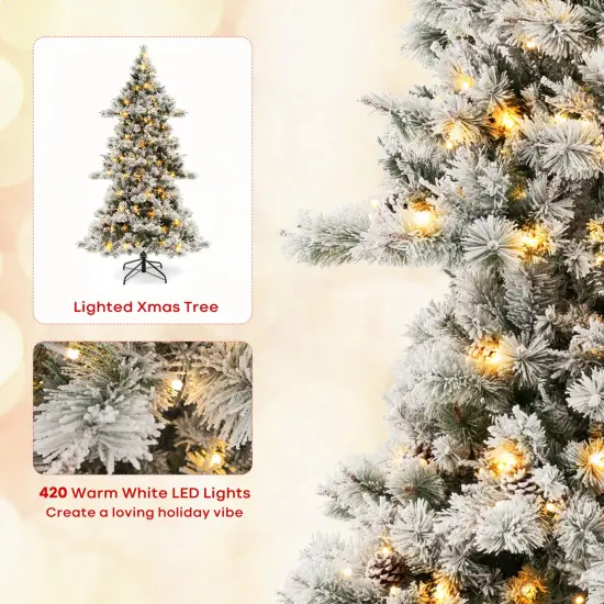 Costway 7 FT Flocked Christmas Tree Hinged Xmas Decoration with 420 LED Lights & 1057 Tips {6}