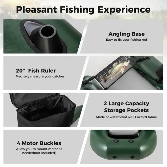 Costway Inflatable Fishing Float Tube with Fish Ruler Angling Base 2 Storage Pockets Pump {6}