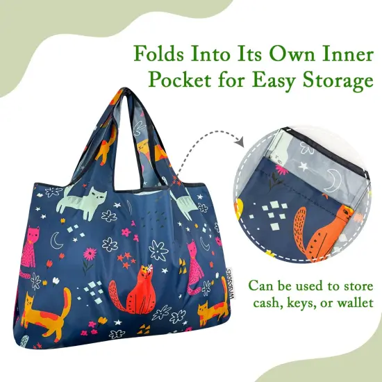 Wrapables Large & Small Foldable Tote Nylon Reusable Grocery Bags, Set of 2, Cute Kitties on Blue {3}