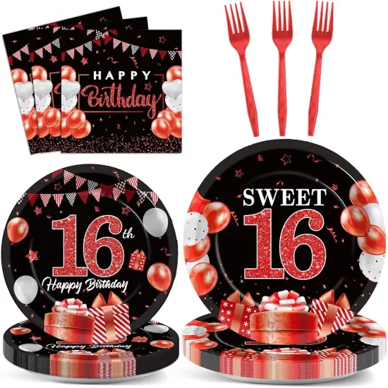 96Pcs 16th Birthday Decorations for Girls Boys Red Silver Sweet 16 Birthday Party Decorations {1}