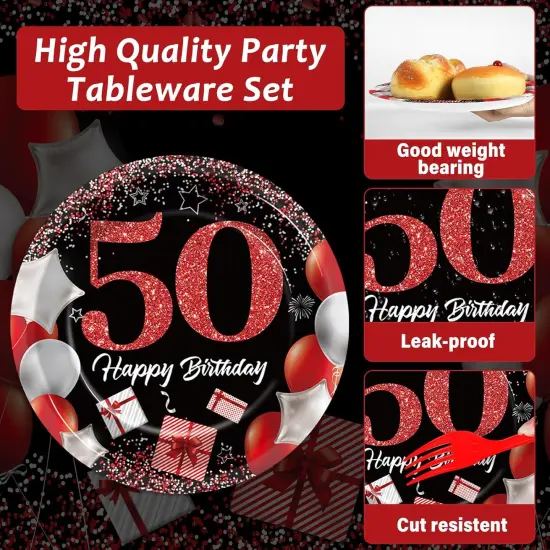 96 Pcs 50th Birthday Plates and Napkins Party Supplies 50 Years Old Birthday Party Tableware Set Red Black Dinner Dessert Plates 50th Birthday Decorations Favors for Man Women for 24 Guests {3}