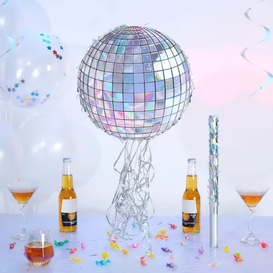 Disco Ball Pi&ntilde;ata - Disco Party Decoration for Adult Birthday Party Supplies Hanging Disco Pi&ntilde;ata with Bat Blindfold Mirror Roller Skating Pull String, 12.2&rdquo; x 12.2&rdquo; {2}