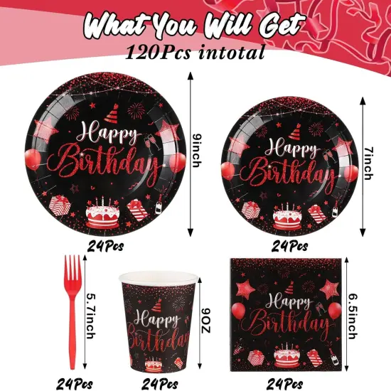 120 Pcs Happy Birthday Party Supplies Disposable Party Tableware Serves 24 Included 7 Inch 9 Inch Plates Napkins Cups Forks for Men Woman 50th Birthday Party Decorations (Black and Red) {3}