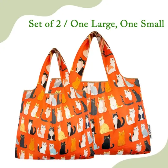 Wrapables Large & Small Foldable Tote Nylon Reusable Grocery Bags, Set of 2, Orange Kitties {6}