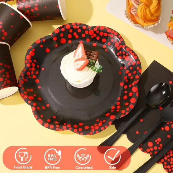 175PCS Red and Black Birthday Decorations,Red Dot on Black Party Plates and Napkins,Black Paper Plates for Birthday Baby Shower Wedding Anniversary Party Decorations,Serves 25 {2}