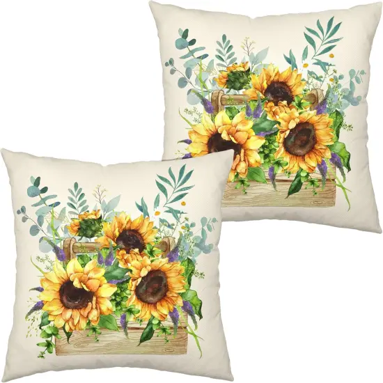 Sunflower Pillow Covers Spring Summer Floral Throw Pillow Covers Set of 2 Sunflowers with Eucalyptus Leaves Farmhouse Pillow Case 18x18 for Sofa Car Patio, Cotton Linen {5}