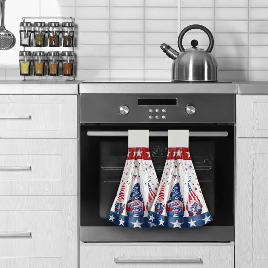 2PCs USA Gnome Kitchen Hanging Towels Memorial Veteran Day Patriotic Hand Tie Towel with Loop & Hook America Flag 4th of July Stars Soft Dish Cloth Fast Drying for Bathroom Farmhouse Home Decor {4}