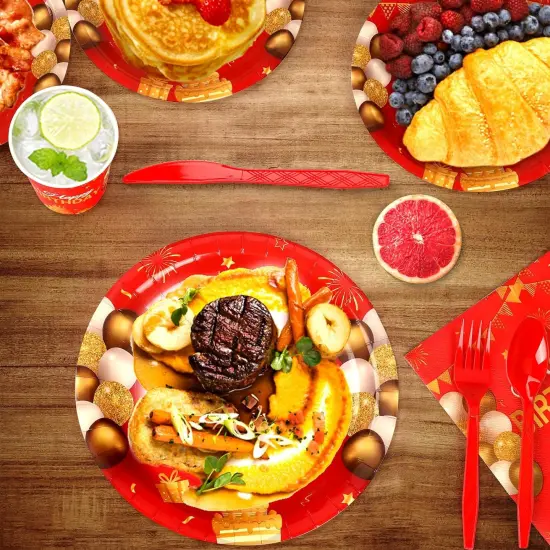 168 Pcs Red and Gold Party Supplies Tableware Set Happy Birthday Plates, Knife,Forks,Spoons, Cups and Napkins Table Decorations {4}