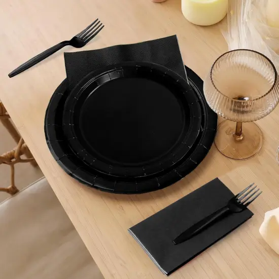 96 Pcs Party Plates, Black Paper Plates and Napkins, Disposable Tableware Set, Party Supplies {3}