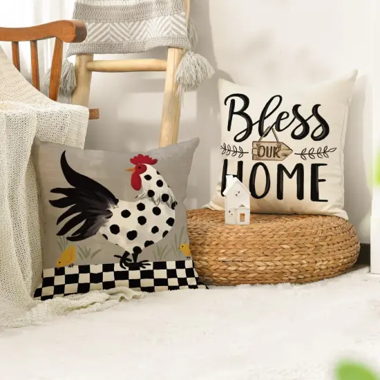 Farmhouse Chicken Home Sweet Home Throw Pillow Covers, 18 x 18 Inch Bless Our Home Seasonal Cushion Case Decoration for Sofa Couch Set of 4 {5}