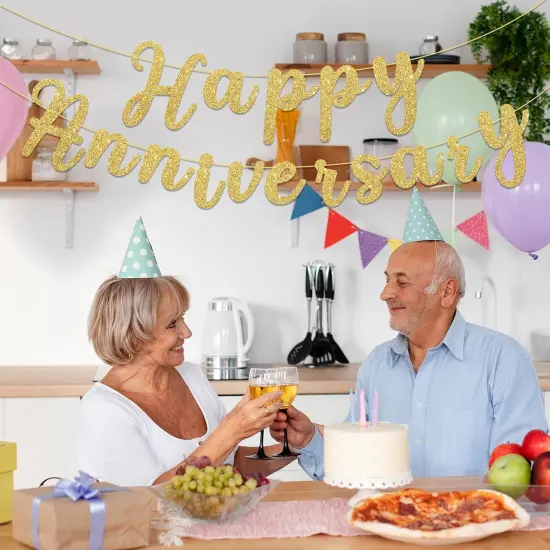 Happy Anniversary Banner Sign Gold Glitter Wedding Bunting Banner Flag {4}