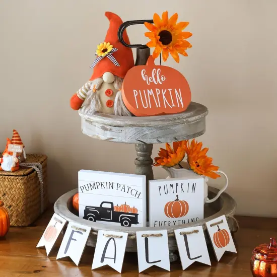 Fall Tiered Tray D&eacute;cor Wood Sign & Gnome Plush, Set of 5 {2}