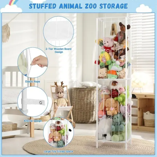 Metal Stuffed Animal Storage Organizer with Elastic Rope - Kids Toy Holder for Plush Toys & Sports Balls, Space-Saving Design, Sturdy Construction {3}