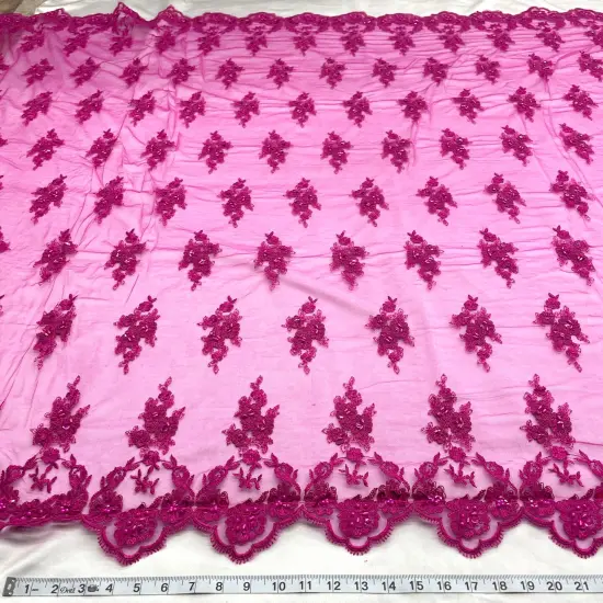 1 Yard Beaded Corded Lace Fabric Embroidered Elegant Mesh Bridal Gown 53" Width Fuchsia {1}