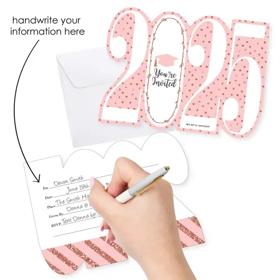 Big Dot of Happiness Rose Gold Grad - Shaped Fill-In Invitations - 2025 Graduation Party Invitation Cards with Envelopes - Set of 12 {3}