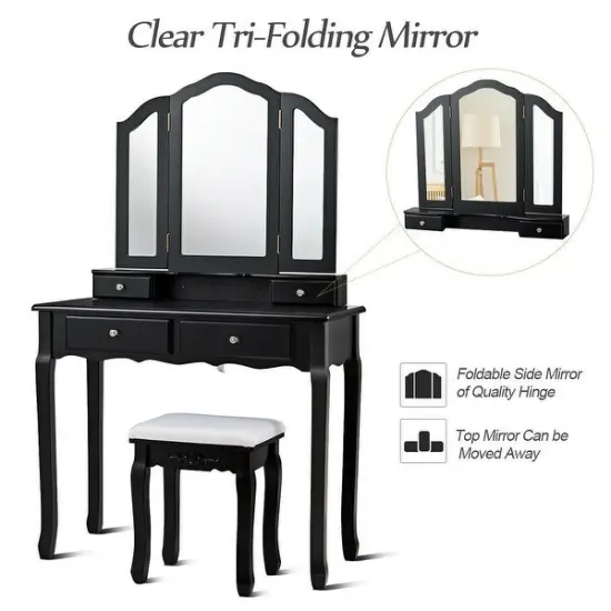 Tri Folding Mirror Vanity Table Stool Set with 4 Drawers and Cushioned Stool Black {4}