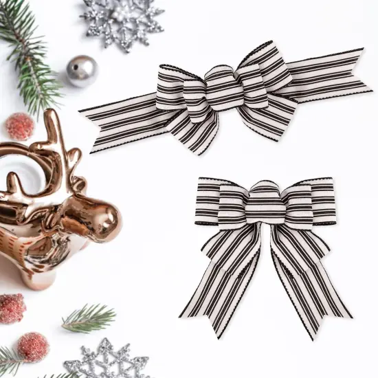 2 Pcs Farmhouse Stripe Wired Ribbon Handmade Premade Black and White Striped Burlap Bows for Wreaths Tree Decorations Gift Wrapping Outdoor Decoration(Black and White Stripe) {4}