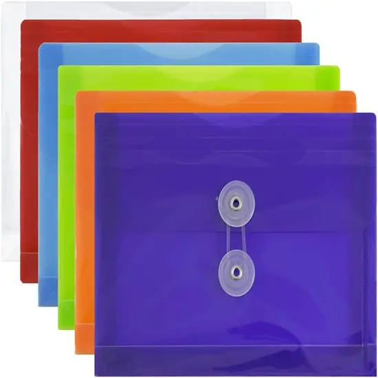 Plastic Envelopes with Button & String Tie Closure - Index Size - 5 1/2 x 7 1/2 - Assorted Colors - 6/Pack {1}