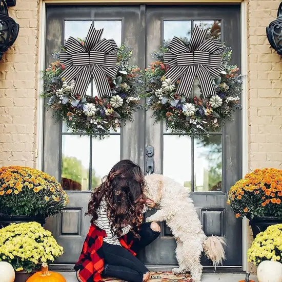 2 Pack Black White Stripe Halloween Fall Bows for Wreaths,12&rdquo;x9.4&rdquo;Black and White Christmas Decorations Bow for Gift Wrapping Tree Topper Wedding Holiday Birthday Party Wall Home Front Door {4}