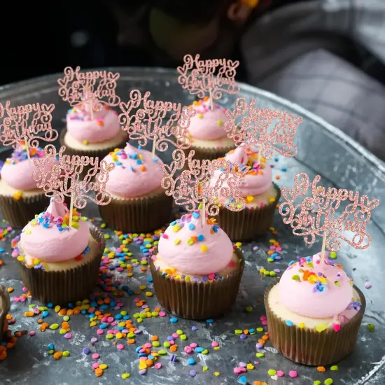 24Pcs Happy Birthday Cupcake Toppers Glitter Happy Birthday Cupcake Picks for Celebrating Happy Birthday Anniversary Theme Party Cake Decorations Supplies Rose Gold {5}