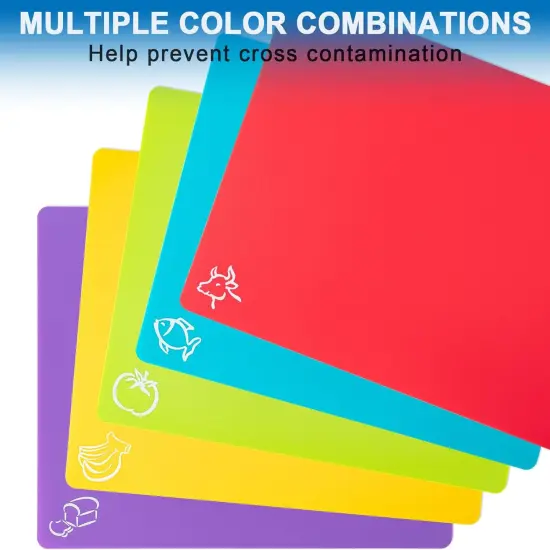 5 Pieces Flexible Plastic Cutting Board Mats with Food Icons, BPA Free Cutting Boards for Kitchen, Non Slip Cutting Mat for Meat and Vegetables (Red, Bright Yellow, Light Green, Purple, Lake Blue) {4}