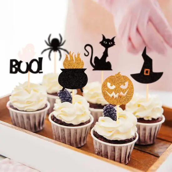 36 Pack Halloween Cupcake Toppers Witch Hat Spider Pumpkin {4}