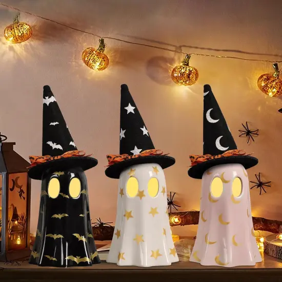 Halloween Decorations Indoor, Set of 3 Ceramic Ghosts with Witch Hats {1}