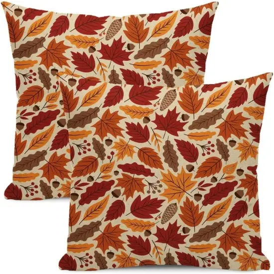 Set of 2 Autumn Maple Leaf Pillow Covers 18x18 {1}