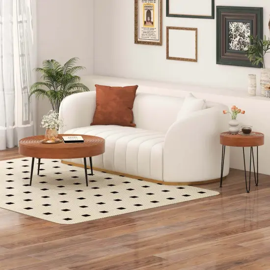 Costway Farmhouse Round CoffeeTable Set of 2 End Table Natural Finish for Living Room Brown/Natural {5}