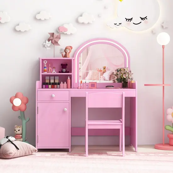Costway Kid Vanity Table Chair Set 2-Color LED Lights Large Drawer Shelf Cabinet White/Pink {2}