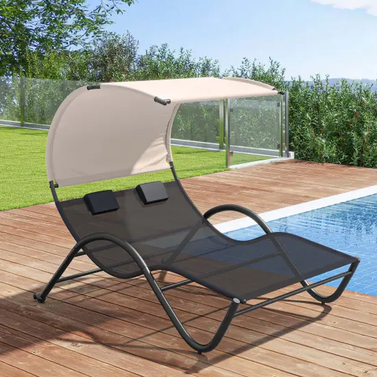Costway Outdoor Double Chaise Lounge Chair with Sunshade Canopy & Headrest Pillows {5}