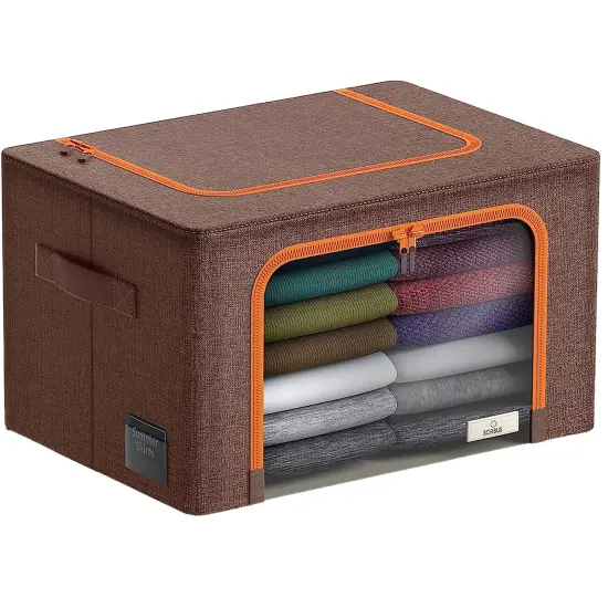 Sorbus 1 Pack Storage Bin with Metal Frame, Stackable Clothes Organizer Bag with Window & Handles, Organization for Bedding Linen & Clothing Brown {1}