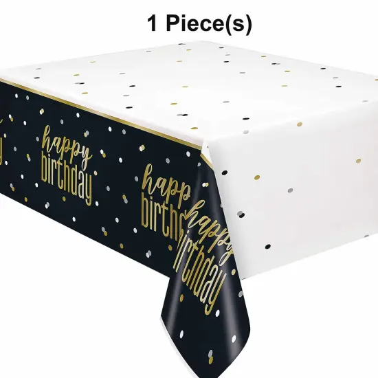 54" x 84" Metallic Happy Birthday Rectangle Disposable Plastic Tablecloth {1}