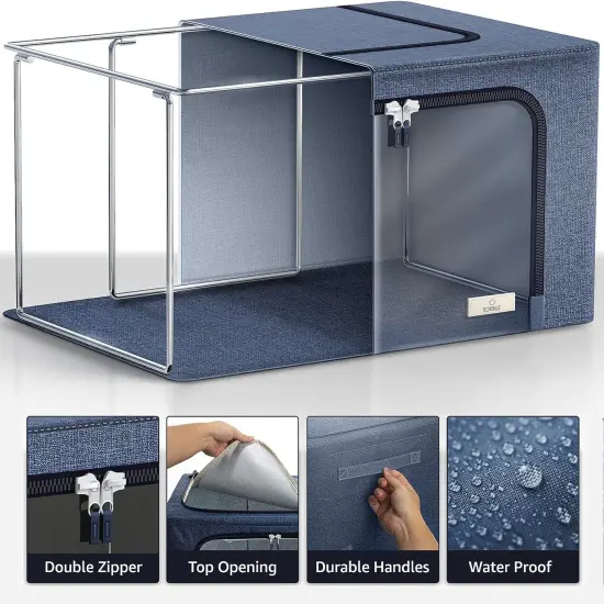 Sorbus 1 Pack Jumbo Storage Bin with Metal Frame, Storage Containers with Window & Handles, Stackable & Foldable Clothes Organizer Bag Blue {4}