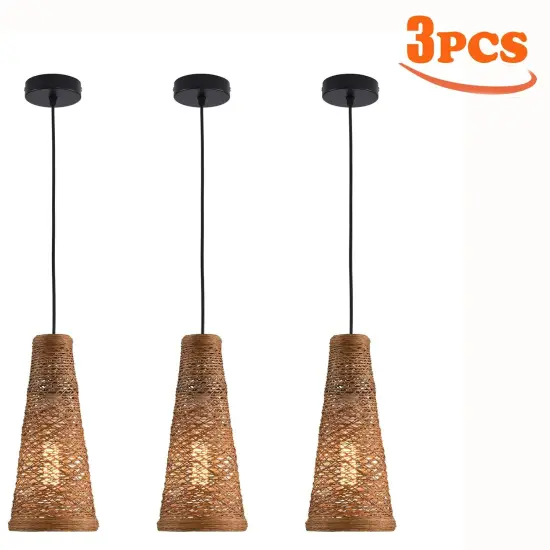3Pcs Bamboo Wicker Rattan Shade Pendant Light Art Hanging Ceiling Lamp Fixture {4}