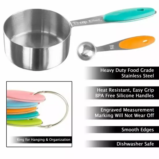Measuring Cups and Spoons Matching Set Stainless Steel Silicone Handles {2}