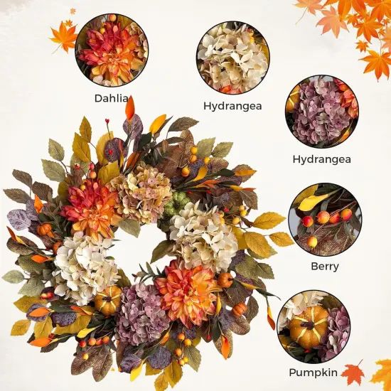 Fall Wreath with Beige Hydrangea and Orange Dahlia - 24 Inch {4}