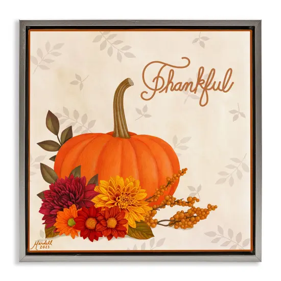 Thankful Pumpkin & Florals Floating Frame Canvas Art Gold {7}